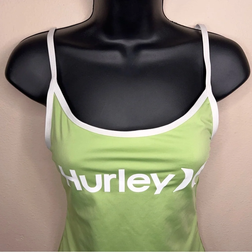 Medium Hurley One Piece Swimsuitight Green White Trim Stretch Beach Vacation